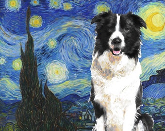 Custom Border Collie Art: Van Gogh Starry Night Style Dog Portrait