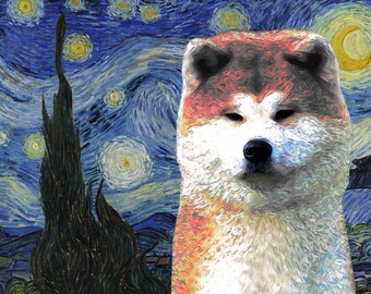 Starry Night Van Gogh Akita Dog Art - Japanese Gift for Akita Lovers