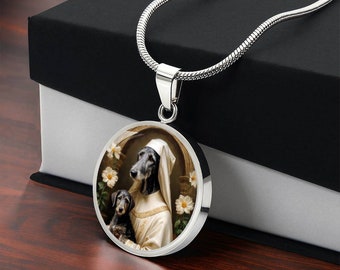 Colgante de lebrel escocés: collar de arte canino renacentista, recuerdo grabado para mascotas