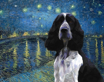 English Springer Spaniel Starry night Art CANVAS Van Gogh Customized print Springer Spaniel Personalized Dog Portrait Mom & Dad gifts