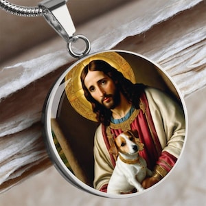 Jack Russell Terrier and Jesus Christ, Parson Russell Terrier Dog Necklace, Renaissance Dog Pendant, Engraving Option, Custom Dog Jewelry