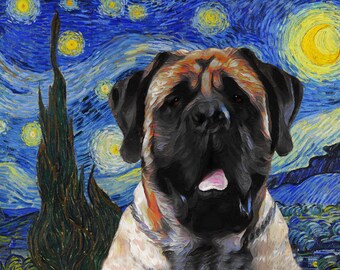 Lámina artística de Mastín Inglés en Noche Estrellada: Retrato de perro al estilo de Van Gogh