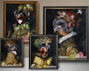 Rottweiler Gifts, Rottie Dog Art, Winter, Spring, Summer, Autumn, Four Seasons Arcimboldo, Renaissance Dog Mom & Dad gifts