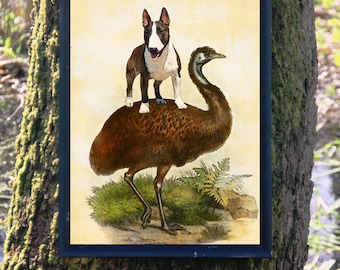 Cuadro vintage de un perro Bull Terrier montando un emú - Regalos personalizados para padres y madres perrunos