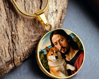 Red Shiba Inu and Jesus Christ Necklace, Shiba Dog Pendant with Engraving Option, Renaissance Dog Gifts, Custom Dog Jewelry