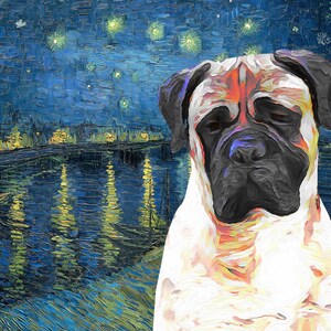 Bullmastiff Art CANVAS Starry Night Over the Rhone Van Gogh Customized print Fawn Bullmastiff Personalized Dog Portrait Mom & Dad gifts