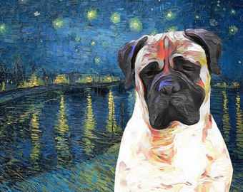 Bullmastiff Art CANVAS Starry Night Over the Rhone Van Gogh Customized print Fawn Bullmastiff Personalized Dog Portrait Mom & Dad gifts