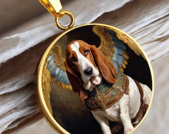 Basset Hound Necklace Angel, Personalized with Engrave Option, Renaissance Dog, Basset Dog Angel Pendant, Custom Dog Memorial Jewelry