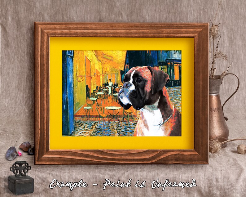 Fawn Boxer Dog Art CANVAS Van Gogh Cafe terrace at night Print Boxer Dog natural ears Personalized Dog Portrait Mom /& Dad gifts