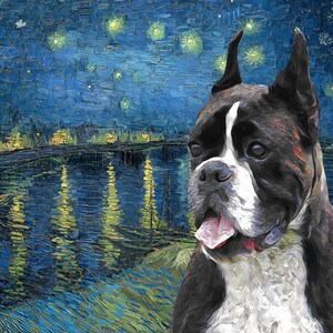 Fawn Boxer Dog Art CANVAS Van Gogh Cafe terrace at night Print Boxer Dog natural ears Personalized Dog Portrait Mom /& Dad gifts