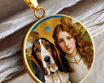 Basset Hound and Guardian Angel Dog Necklace, Guardian Angel Pendant, Engrave Option, Custom Renaissance Dog, Personalized Memorial Jewelry