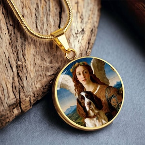 English Springer Spaniel Necklace, Springer with Guardian Angel, Pendant with Engraving Option, Renaissance Dog Gifts, Custom Dog Jewelry
