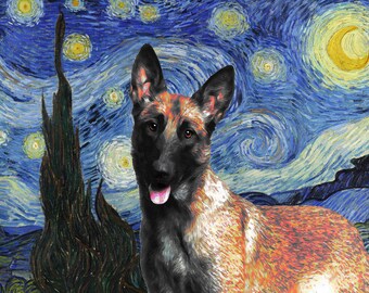 Custom Starry Night Belgian Malinois Canvas Print - Personalized Dog Portrait for Mom Dad - Van Gogh Art - Perfect Gift