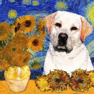 Labrador Retriever Gift, Yellow Lab Dog Sunflowers Art, CANVAS Home Decor StarryNight Van Gogh Nobility Dogs Portrait Mom & Dad gifts