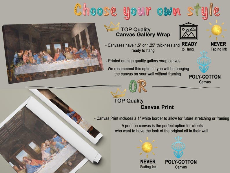 The image is a collage of two images, one of a painting of the Last Supper and one of a canvas print of the same painting. The collage includes text that provides information about the different options for displaying the artwork, such as canvas wrap, canvas print, and poly-cotton.