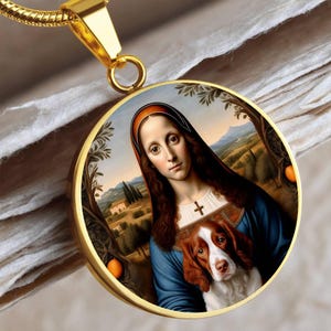 Brittany Dog Pendant, Renaissance Brittany Spaniel and Virgin Mary Necklace, Engraving Option, Renaissance Dog Gifts, Custom Dog Jewelry