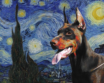 Red Doberman Pinscher Wall Art CANVAS Starry Night Van Gogh Customized print Doberman Personalized Dog Portrait Mom & Dad gifts