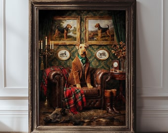 Lienzo con estampado vintage de Airedale Terrier, decoración de biblioteca de estilo clásico, retrato de perro de una majestuosa mansión campestre.