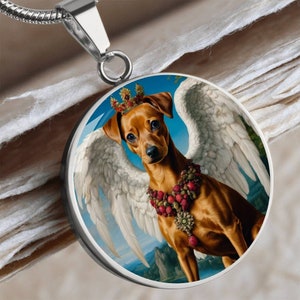 Red Miniature Pinscher Angel Necklace, Mini Pin Dog Personalized with Engrave Option, Renaissance Dog, Dog Angel Pendant
