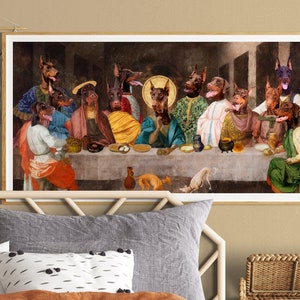 Doberman Red Pinscher Art Last Supper, Altered Art Canvas Print, Renaissance Famous Masterpiece, Nobility Dogs Mom & Dad gifts