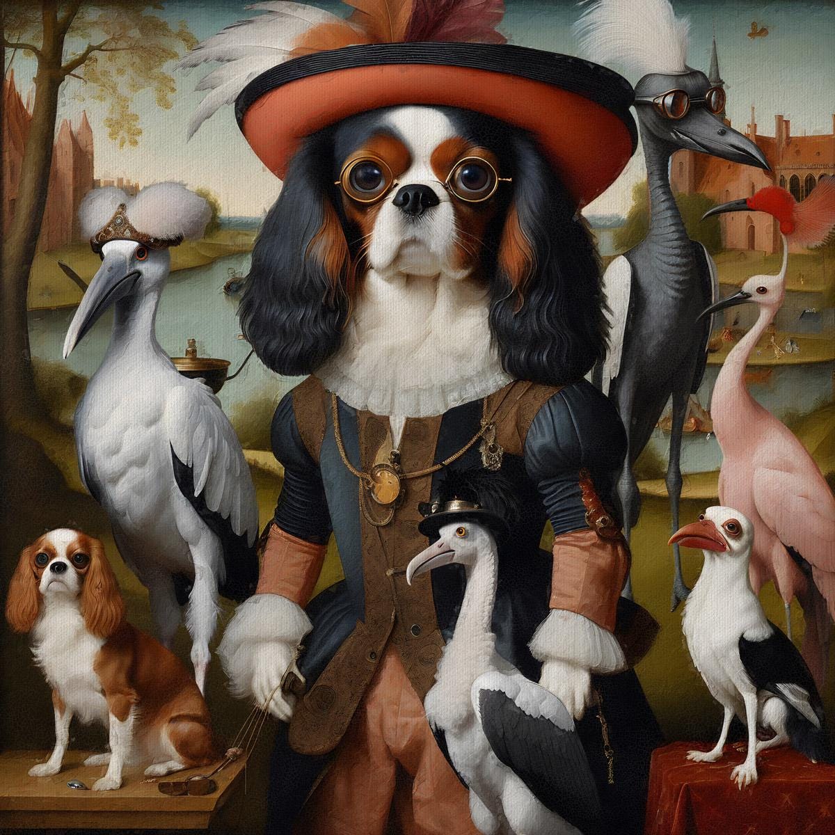 Cavalier King Charles Spaniel Surrealist Art, Bird-watcher Lowbrow Print, Hieronymus Bosch, CANVAS STRETCHED, Dog Mom & Dad gifts