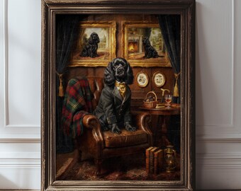 Lienzo impreso de Cocker Spaniel Americano Negro, Decoración de Biblioteca de la Vieja Casa de Campo, Retrato de Perro de Mansión Campestre Regia
