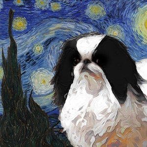Lienzo de arte japonés Chin Noche estrellada Van Gogh Impresión personalizada Perro Chin Retrato de perro personalizado Regalos para mamá y papá