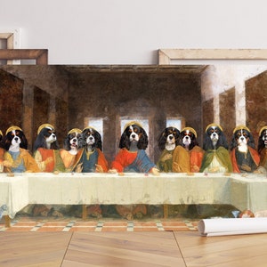 Cavalier King Charles Spaniel Tri-Color Last Supper Art by Leonardo Da Vinci, Gallery Wrap, Renaissance Masterpiece Dog Mom & Dad gifts