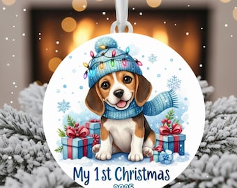 Beagle Mein 1.Weihnachten 2025 PNG | Welpe Weihnachtscliparts für Babys erstes Weihnachtsfest