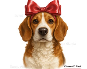 Hund mit roter Schleife PNG | Entzückende Tier Porträt Clipart für Aufkleber, Karten & Sublimation