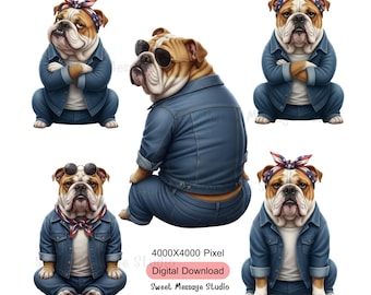 Bulldogge im Denim PNG Bündel | Retro Hund Clipart für Sublimation, Aufkleber & T-Shirts