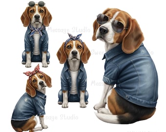 Beagle Hund PNG Bündel | Jeansjacke Welpe Clipart für Sublimationsdrucke, Aufkleber & T-Shirts