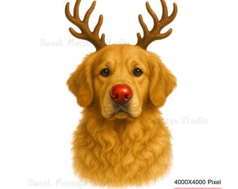 Rentier Golden Retriever Weihnachten PNG | Rudolph Hund Clipart für Karten, Stickers & Sublimationskarten