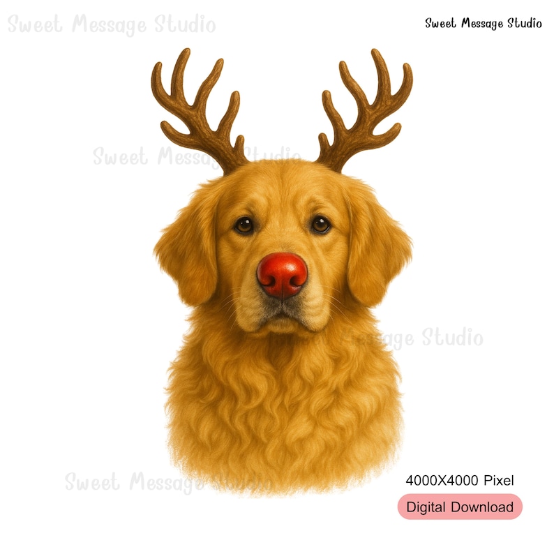 Reindeer Golden Retriever Christmas PNG | Rudolph Dog Clipart for Cards ...
