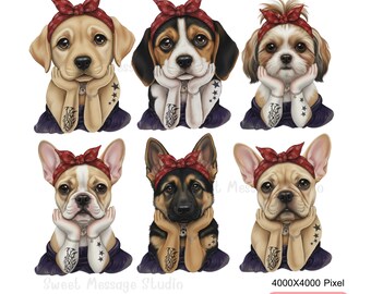Tattoo Hund Mama PNG-Bundle | Retro Bandana Welpe Clipart für Sublimationsdrucke, Aufkleber & T-Shirts