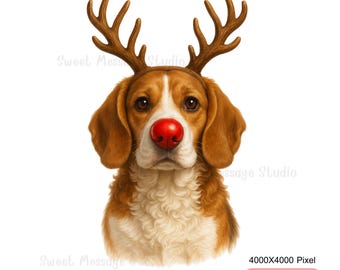 Weihnachten Rentier Hund PNG | Rudolph Nase Welpe Clipart für Karten, Aufkleber und Sublimationskarten
