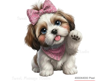 Pink Schleife Shih Tzu Welpe PNG Bündel | Hund Clipart Set von 4 für Stickers,