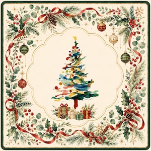 May include: A square decorative print featuring a watercolor-style Christmas tree in the center with colorful abstract brushstrokes. The tree is surrounded by a festive border of green pine branches, red holly berries, pinecones, and ornaments.