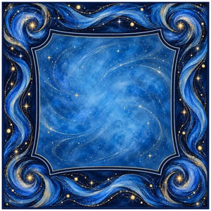 Può includere: Una cornice decorativa quadrata con un campo centrale blu profondo, motivi a nebulosa blu chiaro e stelle dorate sparse. Il bordo è composto da bande ondulate blu scuro arricchite da glitter dorati, linee sottili e motivi a stella.