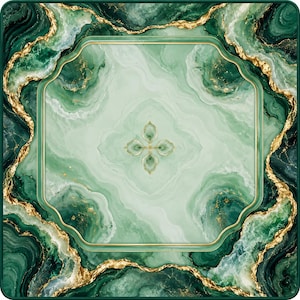 May include: A square decorative tile featuring a marbled pattern in shades of emerald and mint green with gold veining. A central gold-lined octagonal frame encloses a light green field with a symmetrical four-petaled floral motif in the center.