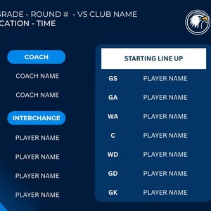 Puede incluir: Gr&aacute;fico azul oscuro con texto blanco y un logotipo de equipo. El texto incluye "A GRADE - ROUND # - VS CLUB NAME LOCATION - TIME", "COACH", "INTERCHANGE" y "STARTING LINE UP". El dise&ntilde;o est&aacute; pensado para un equipo deportivo.