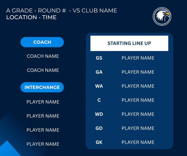 Puede incluir: Gr&aacute;fico azul oscuro con texto blanco y un logotipo de equipo. El texto incluye "A GRADE - ROUND # - VS CLUB NAME LOCATION - TIME", "COACH", "INTERCHANGE" y "STARTING LINE UP". El dise&ntilde;o est&aacute; pensado para un equipo deportivo.