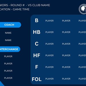 Puede incluir: Una plantilla de lista de equipo deportivo azul oscuro con texto blanco. La parte superior de la plantilla incluye el texto "SENIORS - ROUND # - VS CLUB NAME LOCATION - GAME TIME". La plantilla incluye secciones para "COACH", "INTERCHANGE" y posiciones de jugadores.