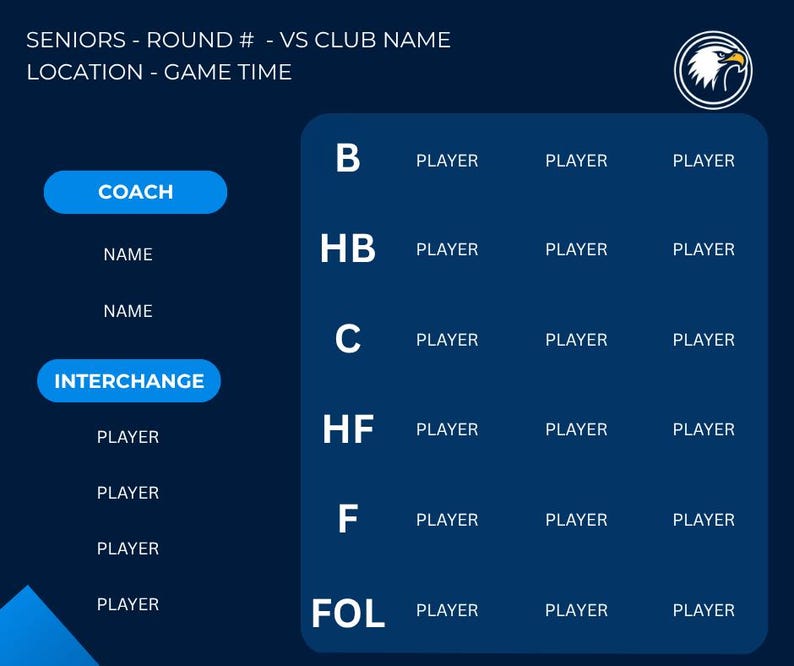 Puede incluir: Una plantilla de lista de equipo deportivo azul oscuro con texto blanco. La parte superior de la plantilla incluye el texto "SENIORS - ROUND # - VS CLUB NAME LOCATION - GAME TIME". La plantilla incluye secciones para "COACH", "INTERCHANGE" y posiciones de jugadores.