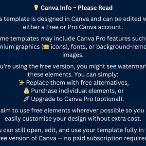 Puede incluir: Un gr&aacute;fico azul oscuro con texto blanco que dice "Canva Info - Please Read". El texto explica c&oacute;mo usar plantillas de Canva con cuentas gratuitas o Pro, incluidas opciones para marcas de agua y funciones premium.