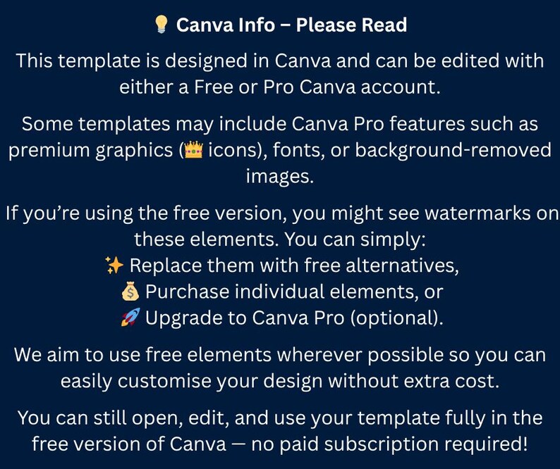 Puede incluir: Un gr&aacute;fico azul oscuro con texto blanco que dice "Canva Info - Please Read". El texto explica c&oacute;mo usar plantillas de Canva con cuentas gratuitas o Pro, incluidas opciones para marcas de agua y funciones premium.