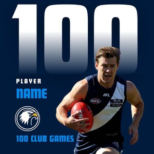 Puede incluir: Un jugador de f&uacute;tbol australiano de la AFL con uniforme azul marino y blanco, sosteniendo un bal&oacute;n de f&uacute;tbol rojo. La imagen incluye el texto "100" en grandes n&uacute;meros blancos, "PLAYER NAME", "100 CLUB GAMES" y un logotipo de &aacute;guila.