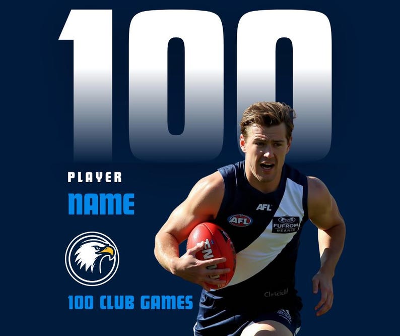 Puede incluir: Un jugador de f&uacute;tbol australiano de la AFL con uniforme azul marino y blanco, sosteniendo un bal&oacute;n de f&uacute;tbol rojo. La imagen incluye el texto "100" en grandes n&uacute;meros blancos, "PLAYER NAME", "100 CLUB GAMES" y un logotipo de &aacute;guila.