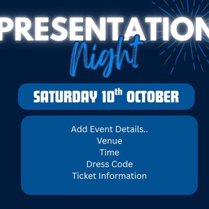 Puede incluir: Gr&aacute;fico promocional azul marino para un evento "Presentation Night". El texto incluye la fecha, "S&aacute;bado 10 de octubre", y solicita detalles del evento como lugar, hora, c&oacute;digo de vestimenta e informaci&oacute;n de entradas. Acentos blancos y azules.