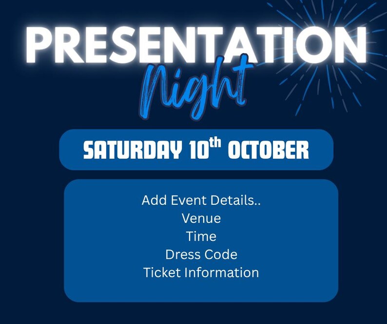 Puede incluir: Gr&aacute;fico promocional azul marino para un evento "Presentation Night". El texto incluye la fecha, "S&aacute;bado 10 de octubre", y solicita detalles del evento como lugar, hora, c&oacute;digo de vestimenta e informaci&oacute;n de entradas. Acentos blancos y azules.